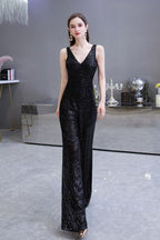 Tuta elegante senza maniche con scollo a V, paillettes argento scintillanti