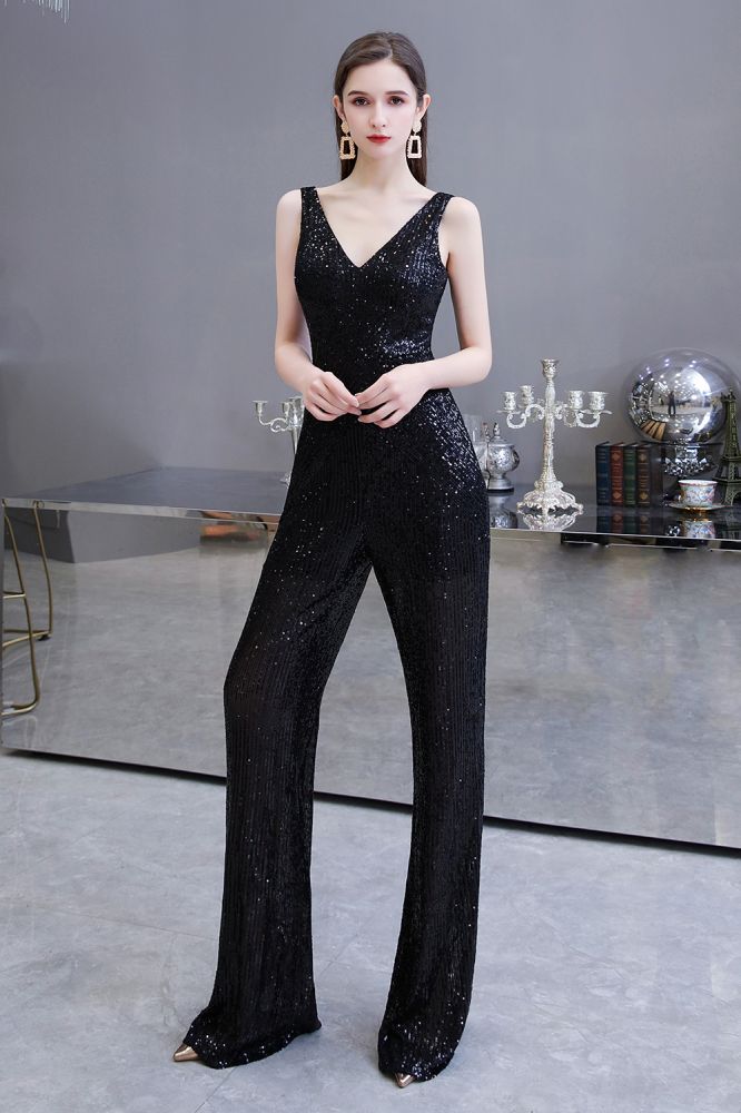 Tuta elegante senza maniche con scollo a V, paillettes argento scintillanti