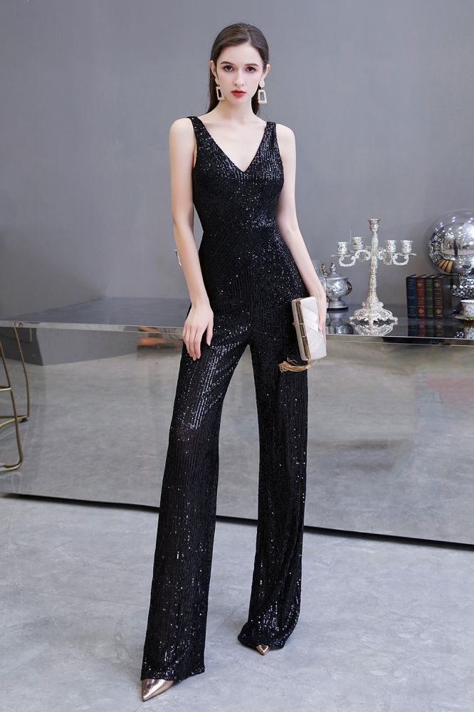 Tuta elegante senza maniche con scollo a V, paillettes argento scintillanti