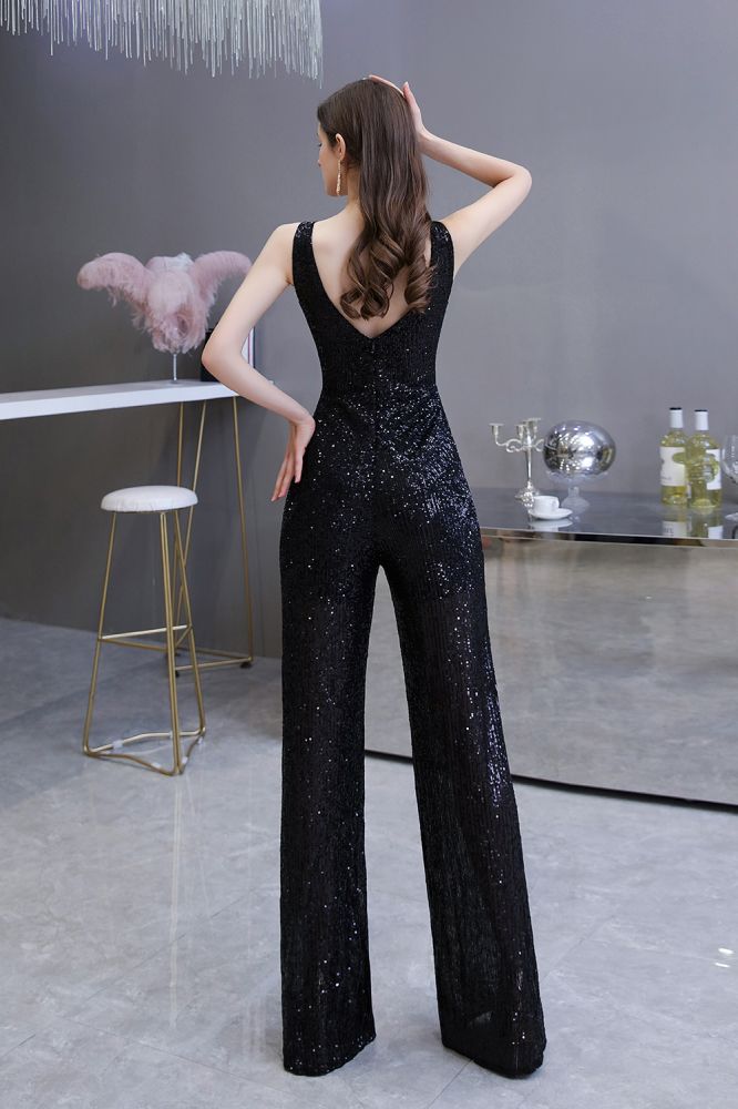 Tuta elegante senza maniche con scollo a V, paillettes argento scintillanti