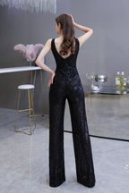 Tuta elegante senza maniche con scollo a V, paillettes argento scintillanti
