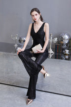 Tuta elegante senza maniche con scollo a V, paillettes argento scintillanti
