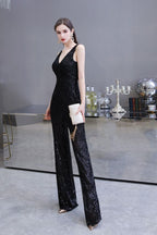 Tuta elegante senza maniche con scollo a V, paillettes argento scintillanti