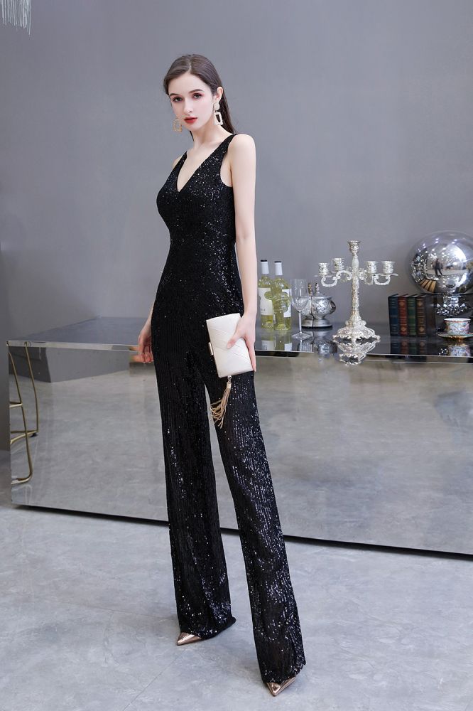 Tuta elegante senza maniche con scollo a V, paillettes argento scintillanti