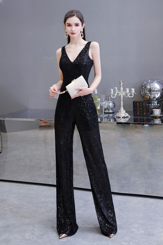 Tuta elegante senza maniche con scollo a V, paillettes argento scintillanti