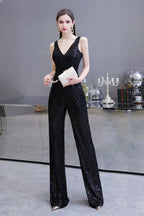 Tuta elegante senza maniche con scollo a V, paillettes argento scintillanti
