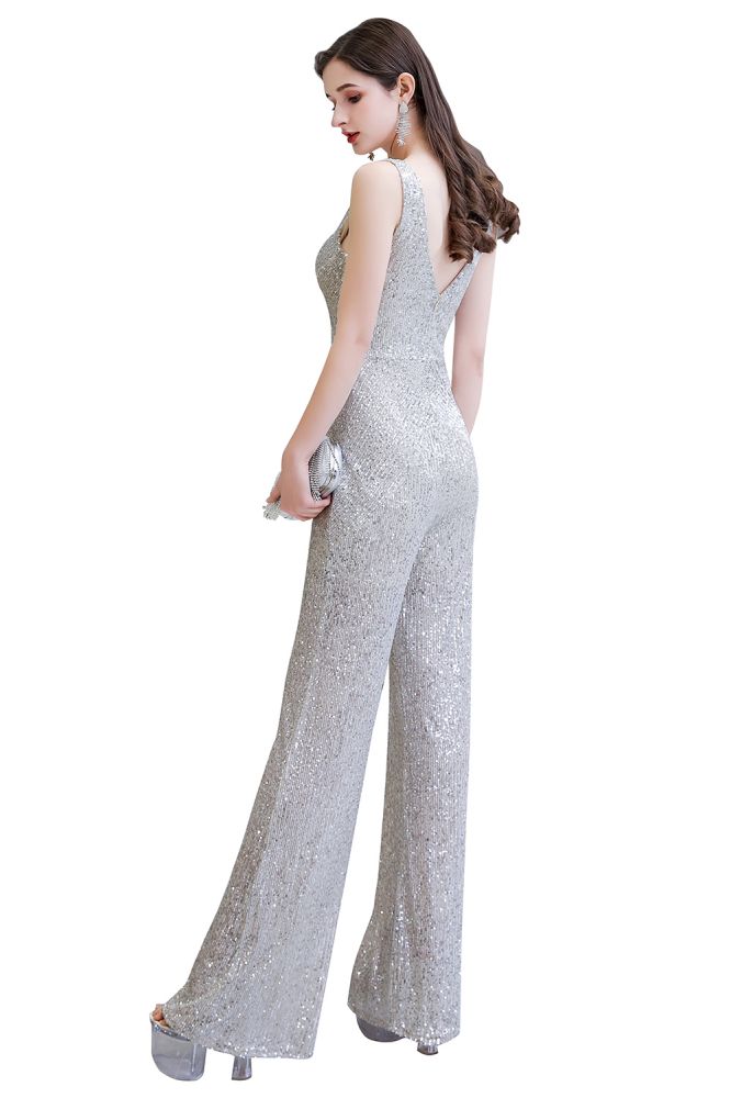 Tuta elegante senza maniche con scollo a V, paillettes argento scintillanti