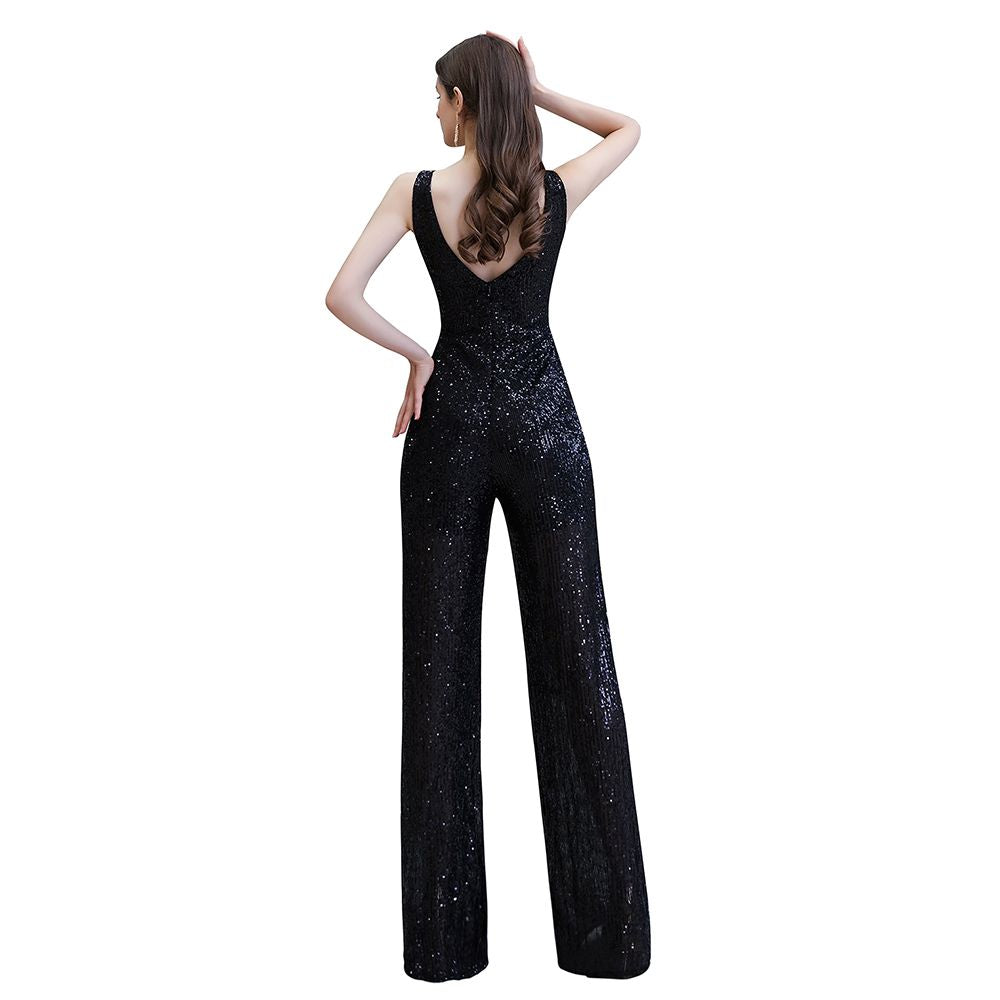 Tuta elegante senza maniche con scollo a V, paillettes argento scintillanti
