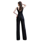 Tuta elegante senza maniche con scollo a V, paillettes argento scintillanti