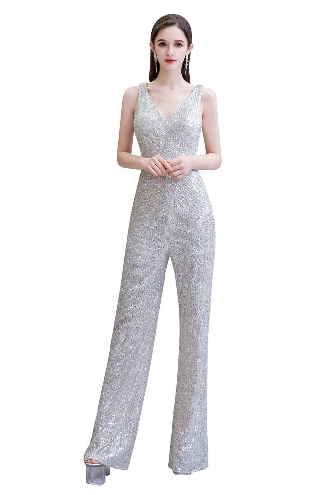Tuta elegante senza maniche con scollo a V, paillettes argento scintillanti