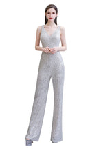 Tuta elegante senza maniche con scollo a V, paillettes argento scintillanti