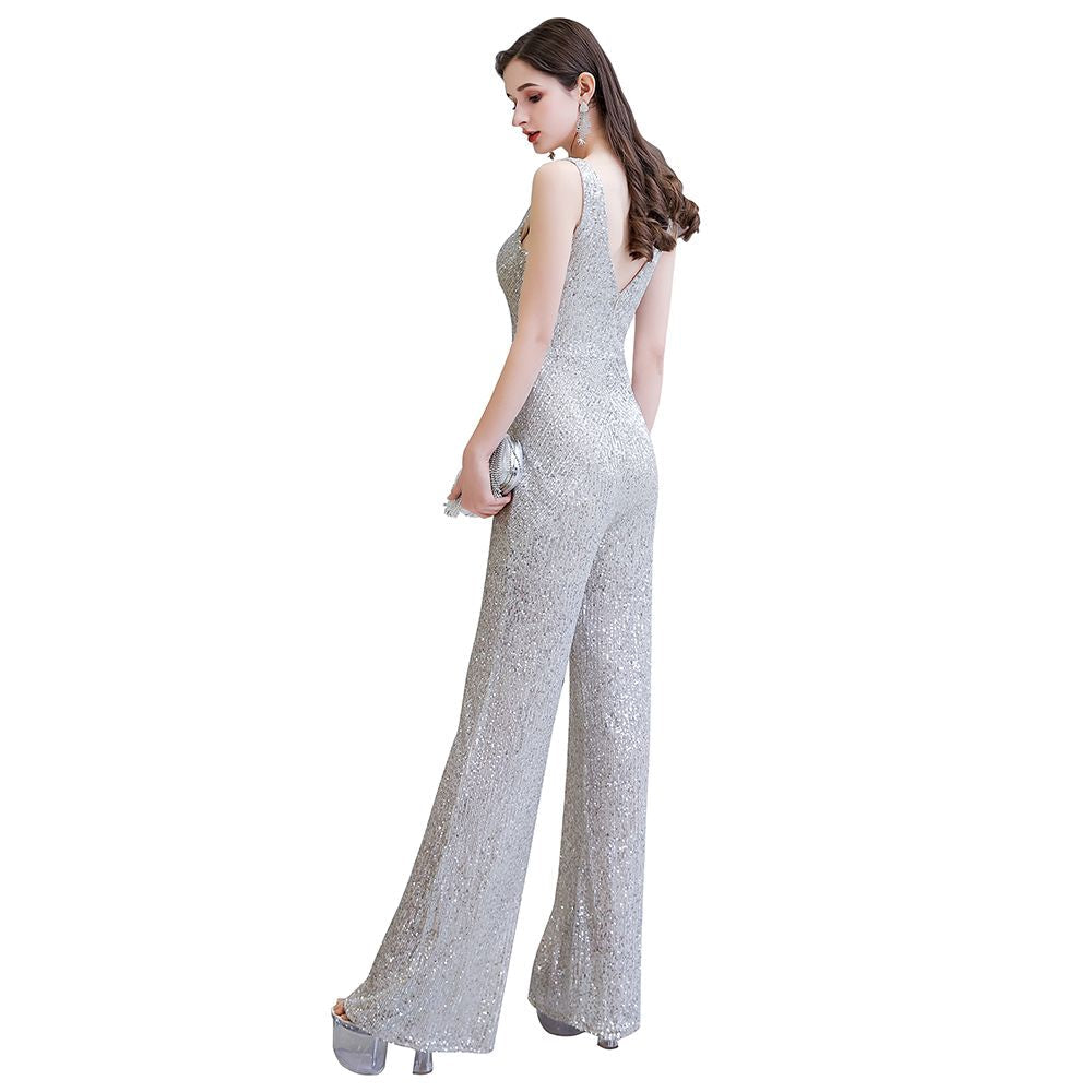 Tuta elegante senza maniche con scollo a V, paillettes argento scintillanti