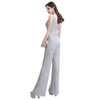 Tuta elegante senza maniche con scollo a V, paillettes argento scintillanti