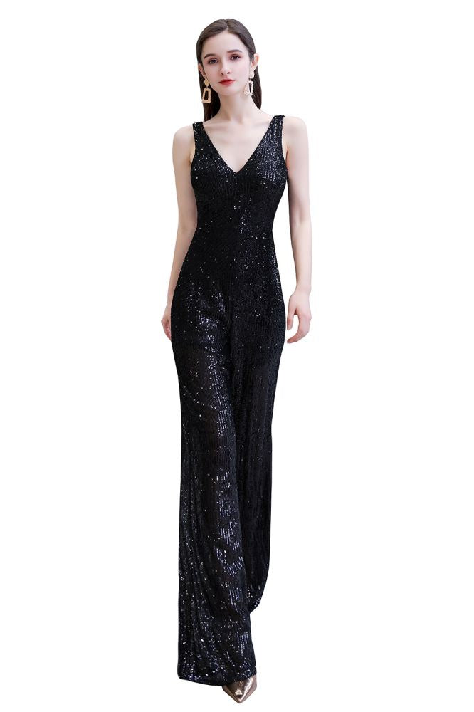 Tuta elegante senza maniche con scollo a V, paillettes argento scintillanti