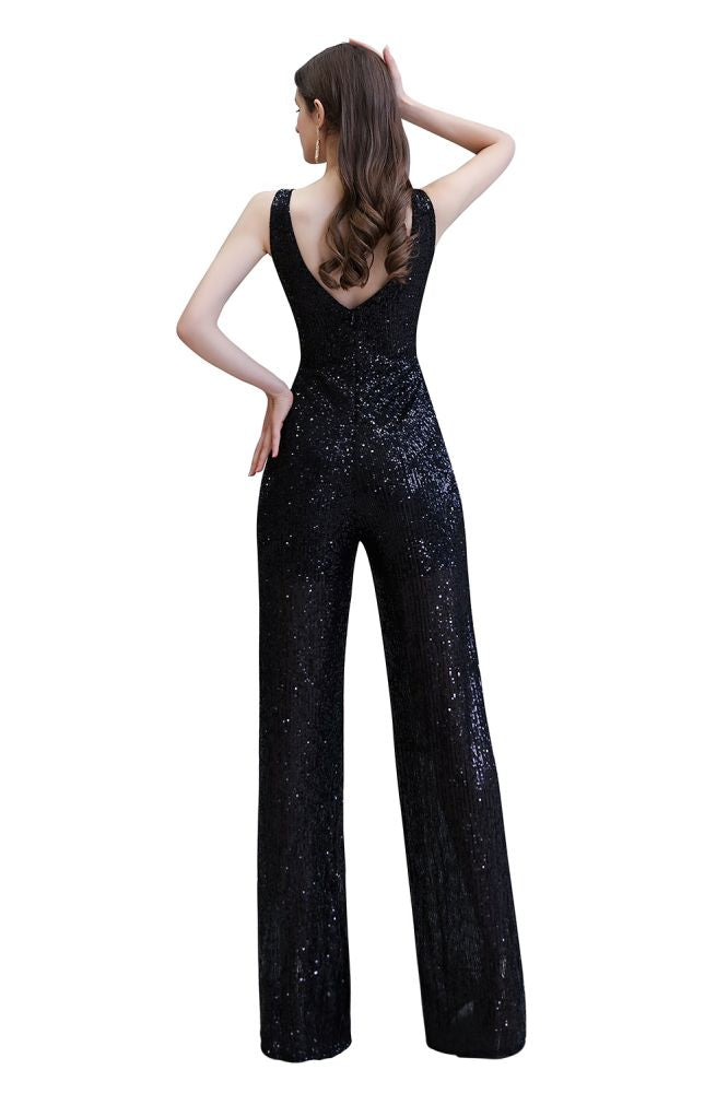 Tuta elegante senza maniche con scollo a V, paillettes argento scintillanti