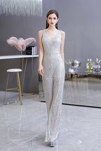 Tuta elegante senza maniche con scollo a V, paillettes argento scintillanti