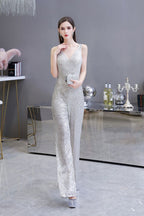 Tuta elegante senza maniche con scollo a V, paillettes argento scintillanti