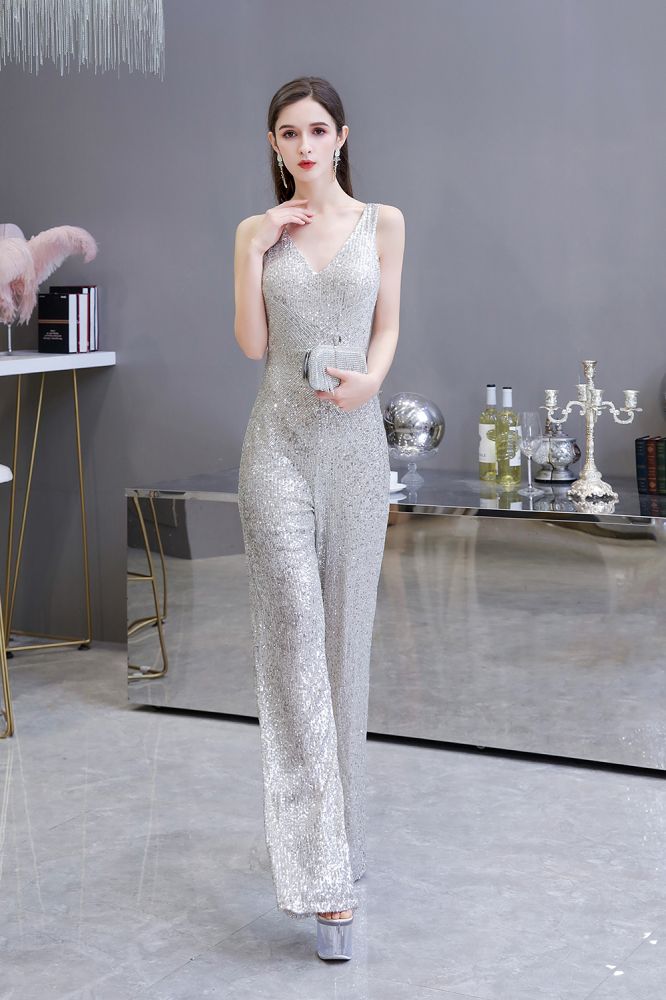 Tuta elegante senza maniche con scollo a V, paillettes argento scintillanti
