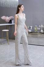 Tuta elegante senza maniche con scollo a V, paillettes argento scintillanti