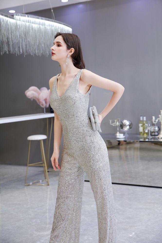Tuta elegante senza maniche con scollo a V, paillettes argento scintillanti
