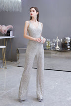 Tuta elegante senza maniche con scollo a V, paillettes argento scintillanti