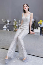 Tuta elegante senza maniche con scollo a V, paillettes argento scintillanti
