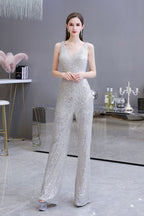 Tuta elegante senza maniche con scollo a V, paillettes argento scintillanti