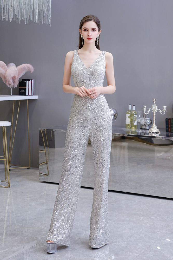 Tuta elegante senza maniche con scollo a V, paillettes argento scintillanti
