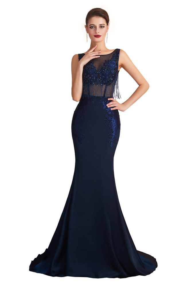 Sexy Sleeveless Mermaid Prom Dress Backless Satin Sparkly Sequins Evening Gown