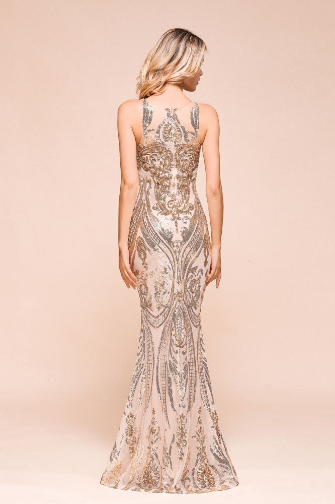 Robe de bal sirène sans manches sexy à motif doré scintillant, longue jusqu'au sol avec bretelles, robe de soirée