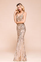 Robe de bal sirène sans manches sexy à motif doré scintillant, longue jusqu'au sol avec bretelles, robe de soirée