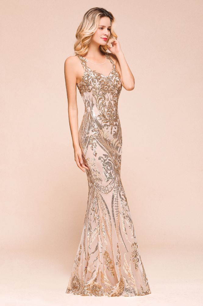Robe de bal sirène sans manches sexy à motif doré scintillant, longue jusqu'au sol avec bretelles, robe de soirée