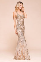 Robe de bal sirène sans manches sexy à motif doré scintillant, longue jusqu'au sol avec bretelles, robe de soirée