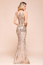 Robe de bal sirène sans manches sexy à motif doré scintillant, longue jusqu'au sol avec bretelles, robe de soirée