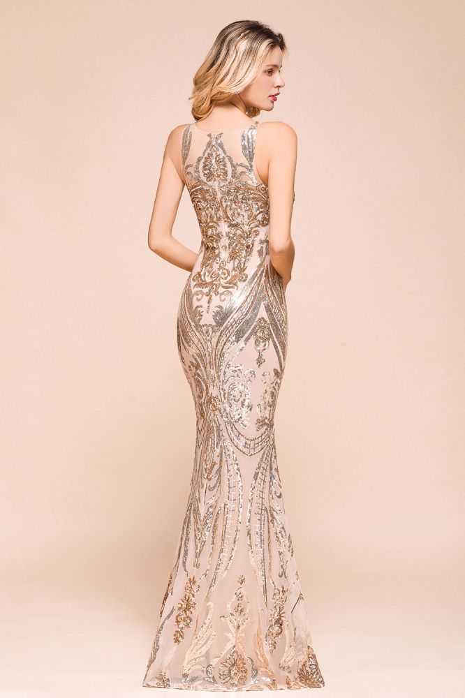Robe de bal sirène sans manches sexy à motif doré scintillant, longue jusqu'au sol avec bretelles, robe de soirée
