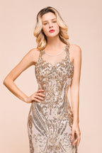 Robe de bal sirène sans manches sexy à motif doré scintillant, longue jusqu'au sol avec bretelles, robe de soirée
