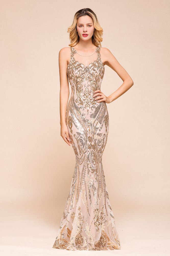 Robe de bal sirène sans manches sexy à motif doré scintillant, longue jusqu'au sol avec bretelles, robe de soirée