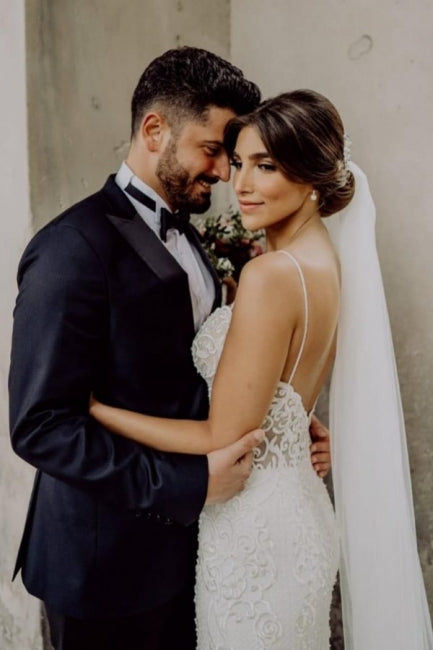 Vestidos de Noiva com Alças Finas Sexy, Sem Mangas, Sereia, em Renda, com Cauda de Capela