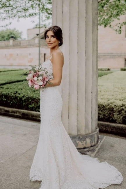 Vestidos de Noiva com Alças Finas Sexy, Sem Mangas, Sereia, em Renda, com Cauda de Capela