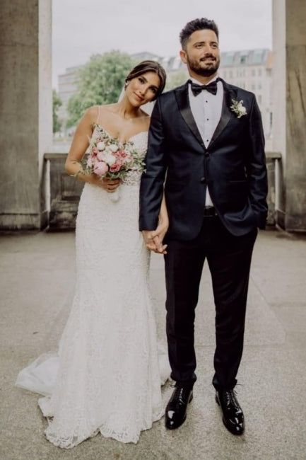 Vestidos de Noiva com Alças Finas Sexy, Sem Mangas, Sereia, em Renda, com Cauda de Capela