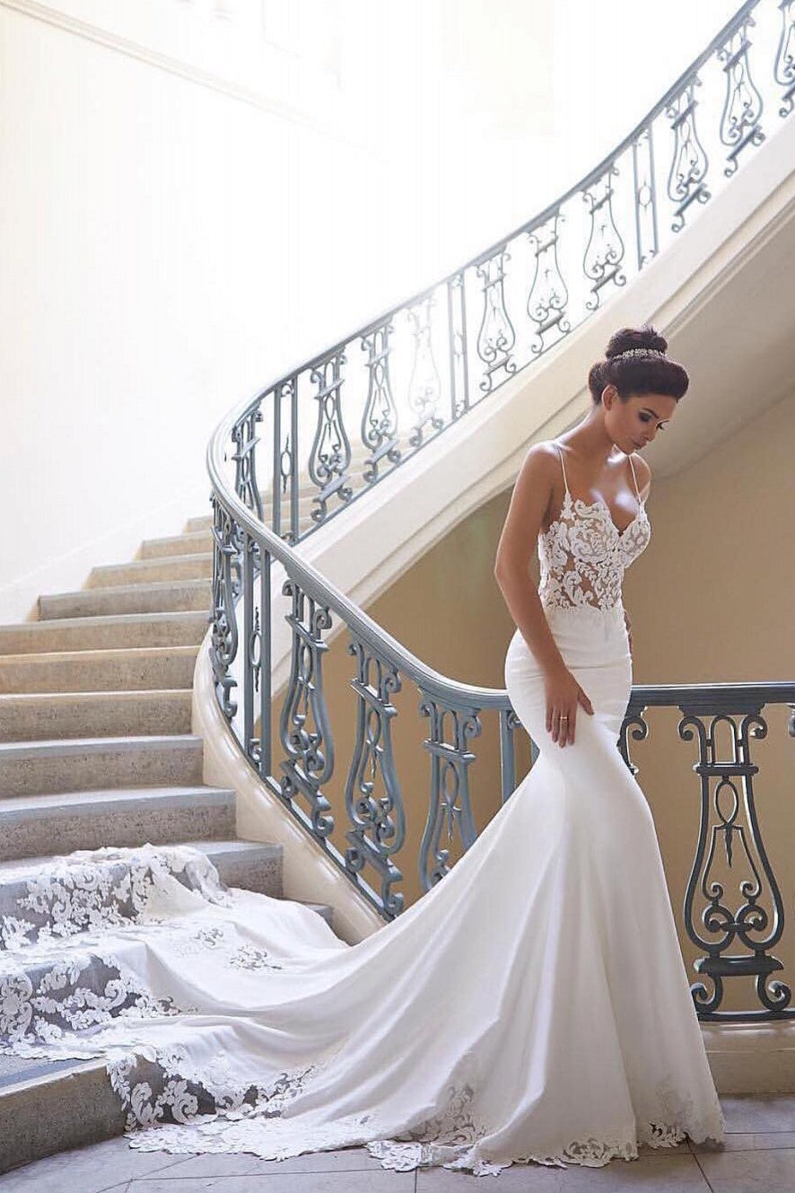 Abito da sposa sexy con spalline sottili | Abito nuziale sirena in chiffon e pizzo