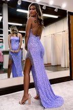 Robe de bal sirène sans manches à fines bretelles pailletée avec fente