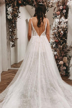 Vestidos de Noiva em Renda com Alças Finas Sensuais, Sem Mangas, Corte em Linha A