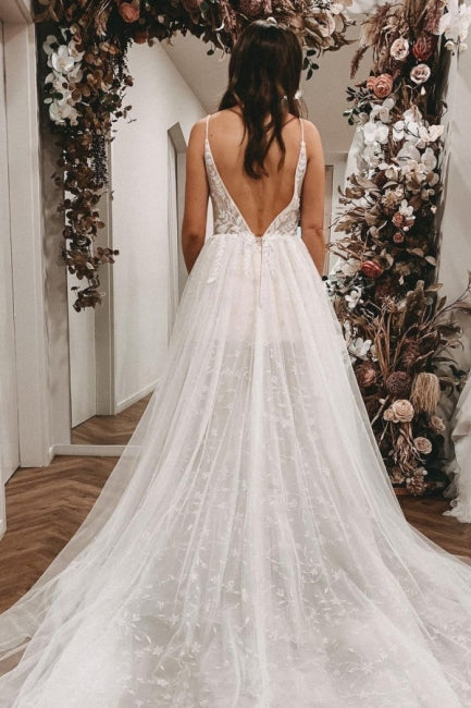 Vestidos de Noiva em Renda com Alças Finas Sensuais, Sem Mangas, Corte em Linha A