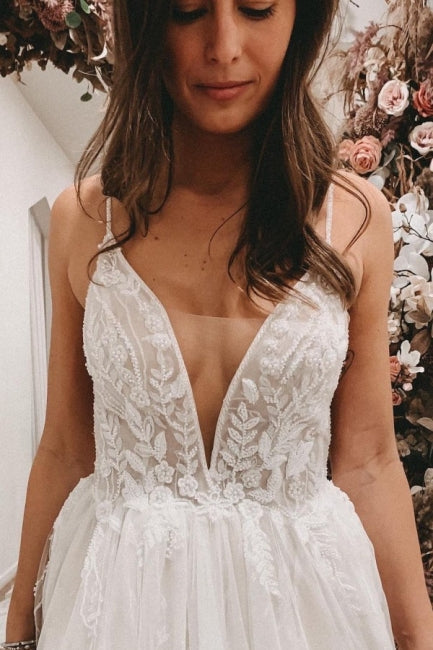 Vestidos de Noiva em Renda com Alças Finas Sensuais, Sem Mangas, Corte em Linha A