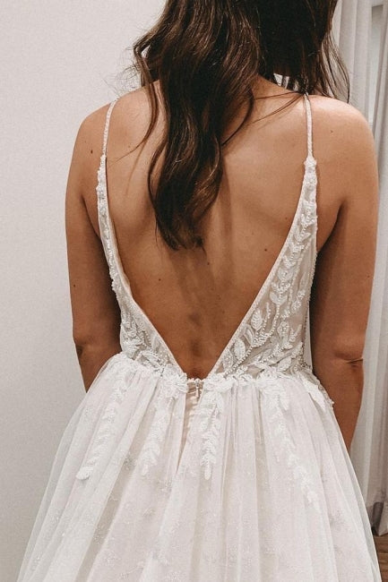 Vestidos de Noiva em Renda com Alças Finas Sensuais, Sem Mangas, Corte em Linha A