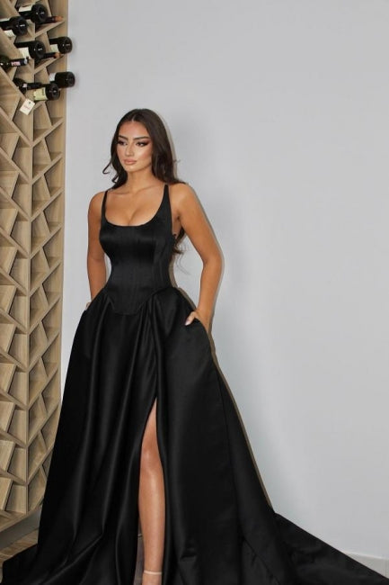 Vestidos de noite em cetim com alças finas sensuais, sem mangas, corte evasê, com racha frontal