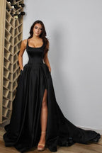 Vestidos de noite em cetim com alças finas sensuais, sem mangas, corte evasê, com racha frontal