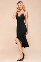 Robe de soirée noire vintage dos nu, fines bretelles spaghetti, décolleté en cœur, coupe ajustée, ourlet asymétrique