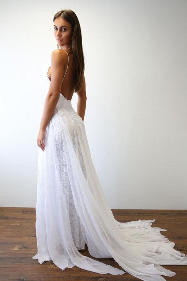 Abito da sposa lungo bianco da spiaggia con sottili spalline sexy